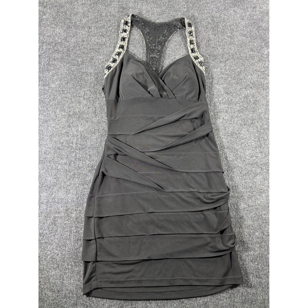 Black Ruched Embellished Racerback Cocktail Mini Dress RN 75010 8415-Z81B‎